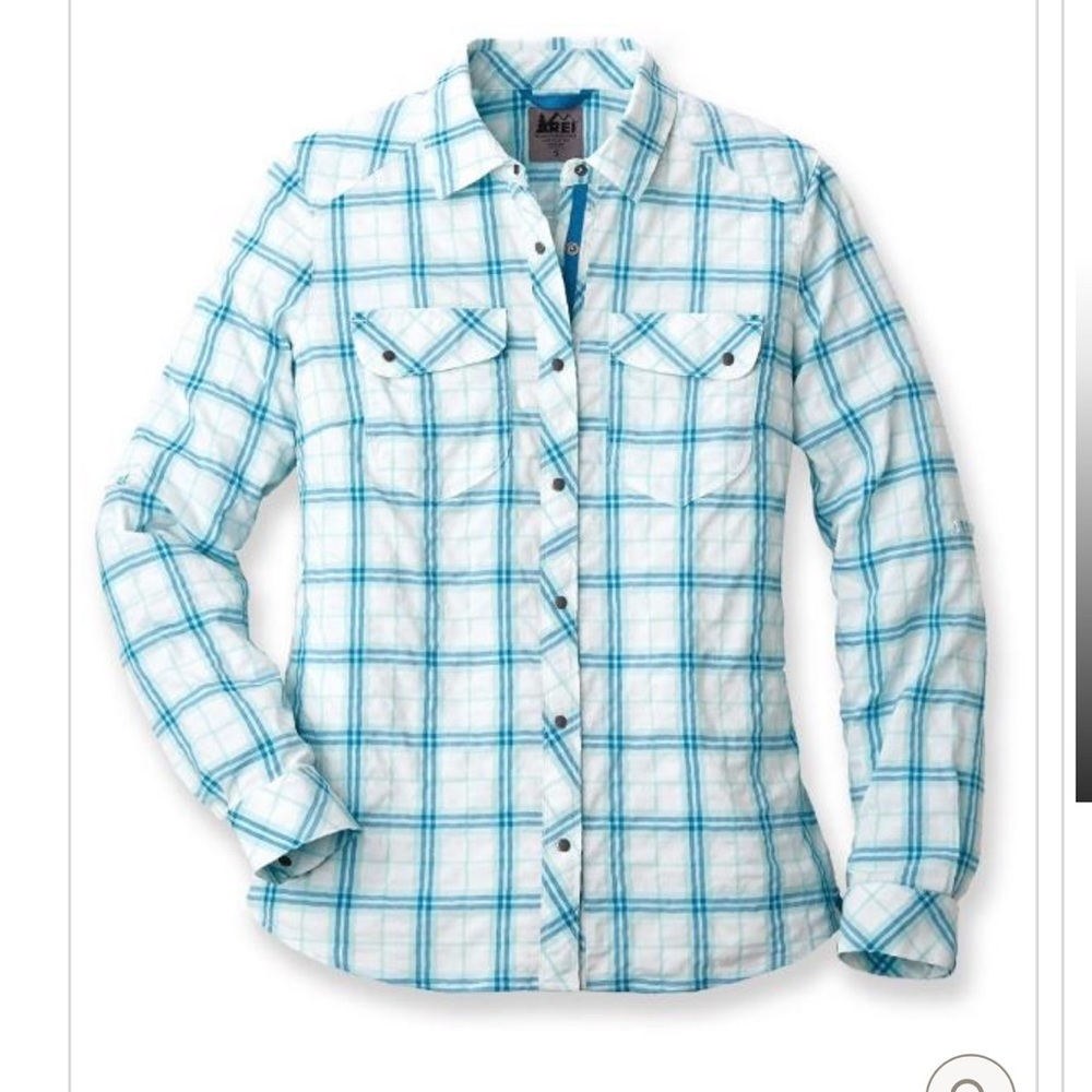 REI Blue and White Plaid Blouse